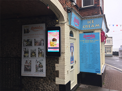 inVoke Digital Signage outdoor advertising screen installation at Ellie's Ice Cream, Sheringham