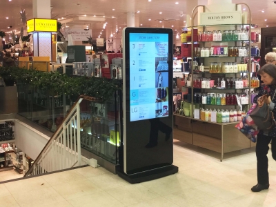 inVoke Digital Signage free-standing internal screen installation at Jarrold department store, Norwich