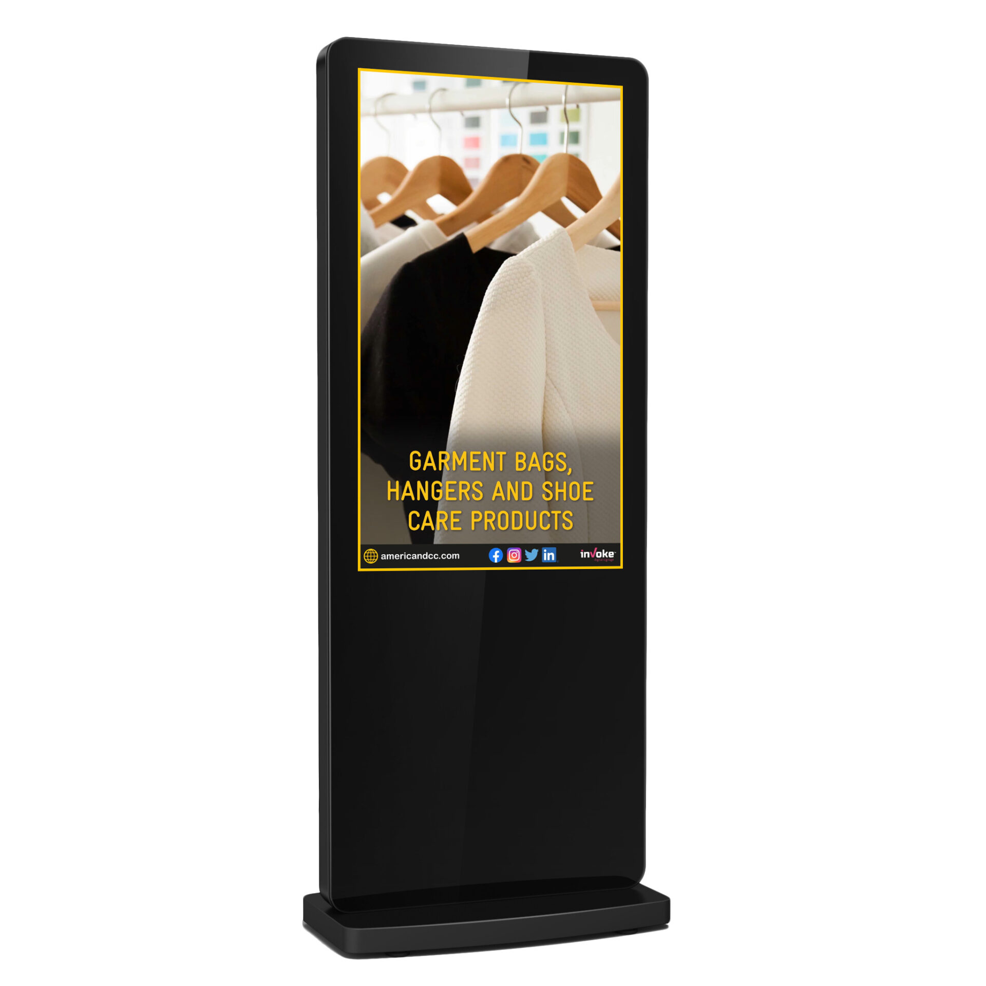american dry cleaners free standing screen with advert about garment bags, hangers and shoe care products