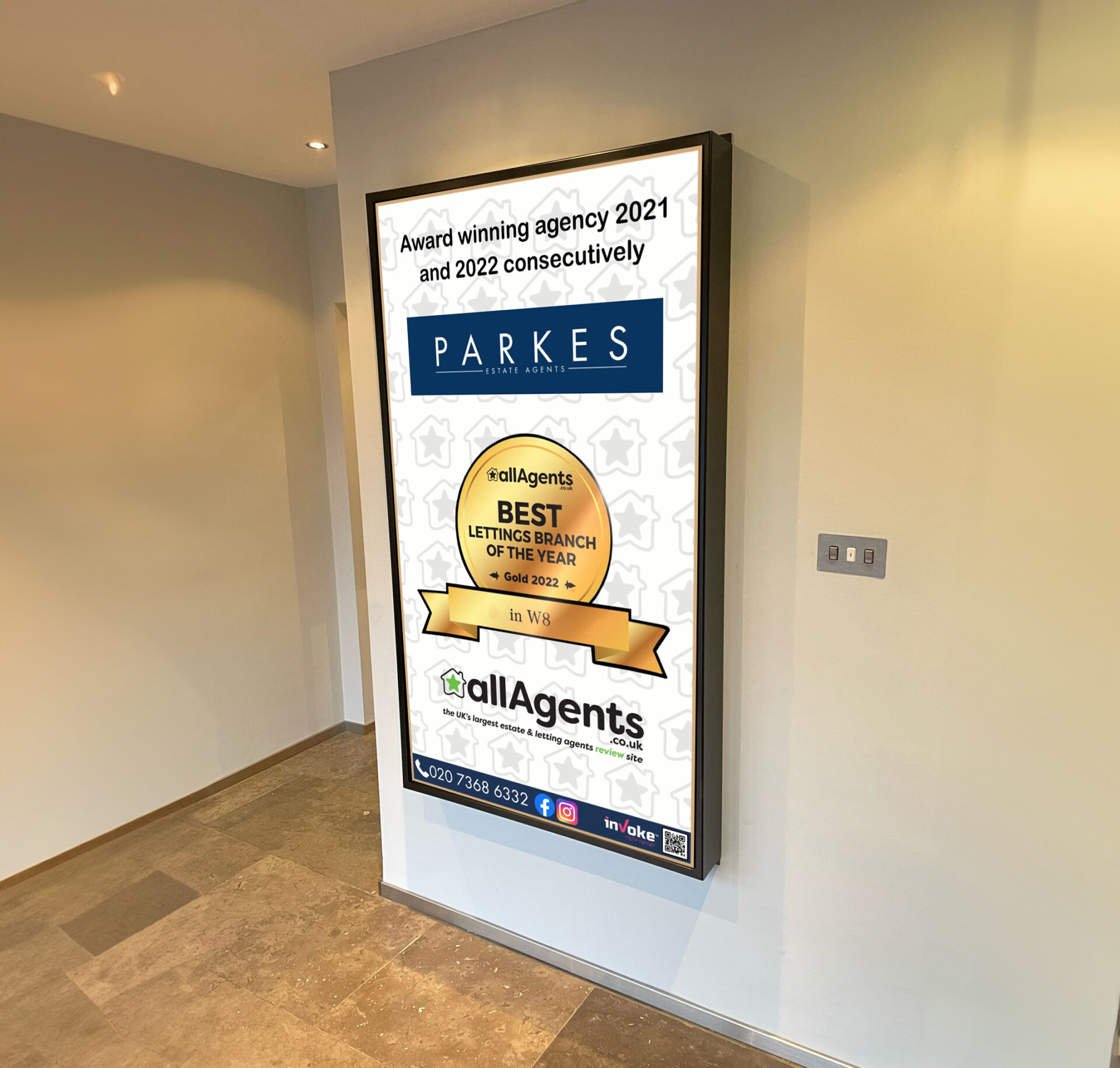 parkes estate agents internal screen showcasing that they are award winning