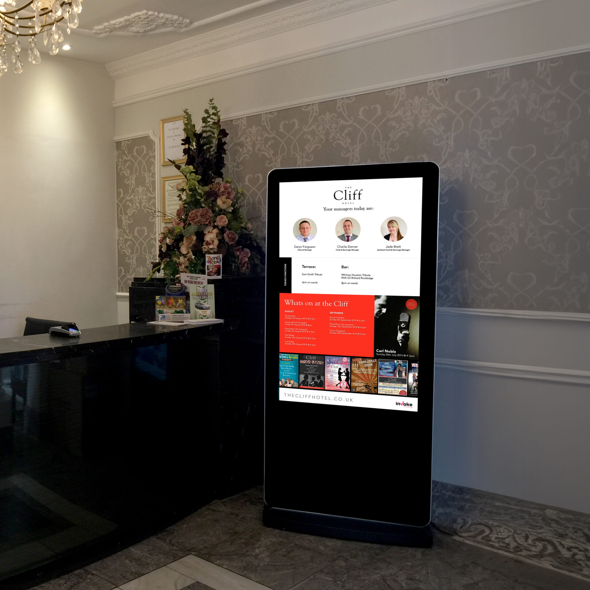Cliff Hotel free standing screen in reception what is on at the hotel for guests to enjoy