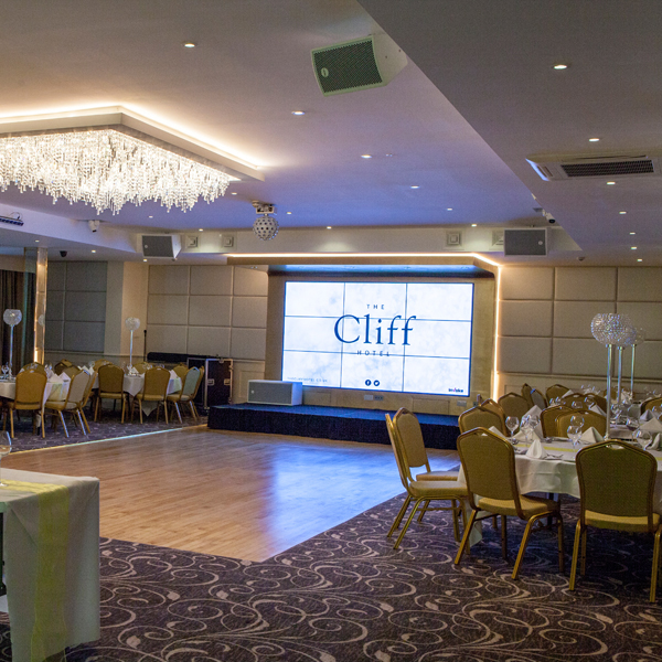 Cliff Hotel video wall in the function room to play wedding videos and advertise companies at networking events