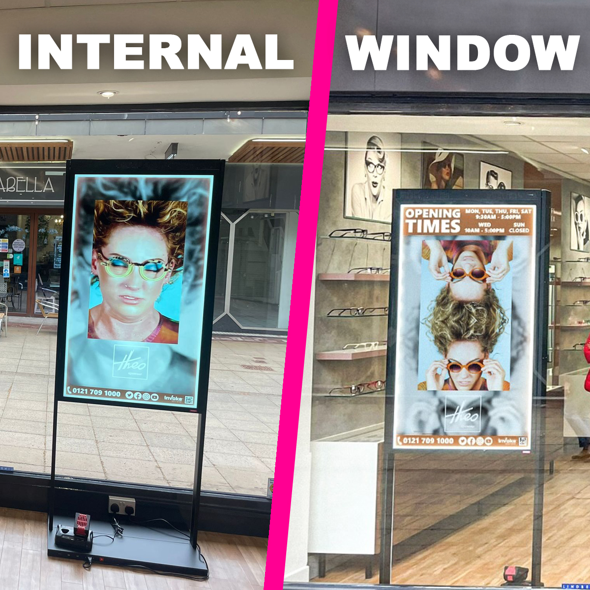 theo opticians double sided advertising screen - opening hours for shop window side and styles of glasses for in-store side