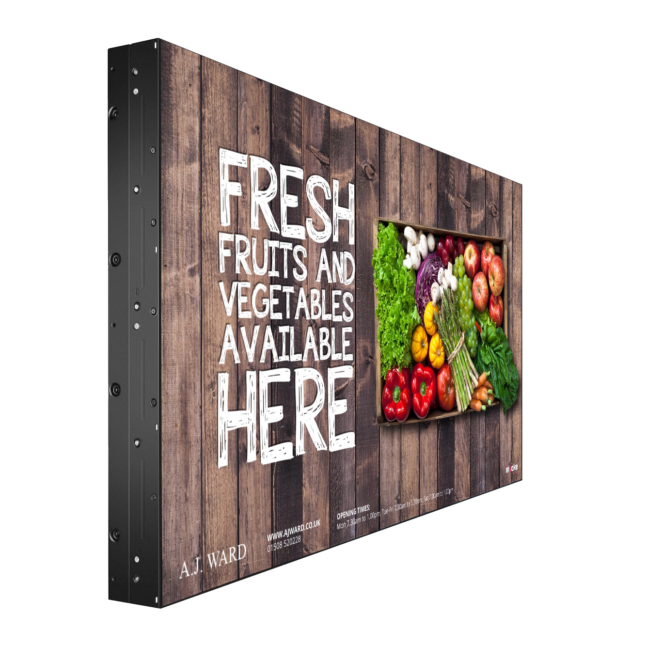 A J Ward video wall advertising fresh fruit and veg in store to draw customers in